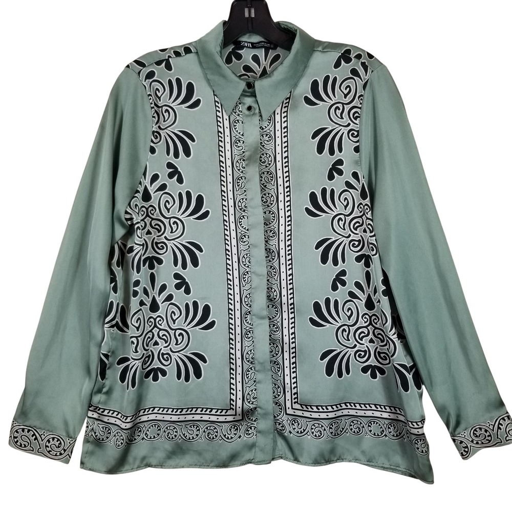 Zara Sage Green Damask Scroll Print Satin Button Down Blouse Shirt Womens Medium
